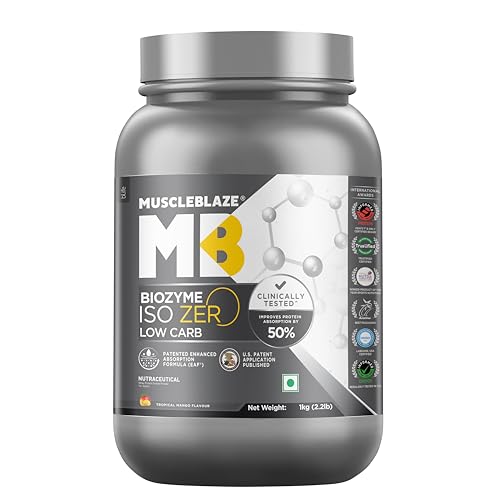 Image of MuscleBlaze Biozyme Iso-Zero, Low Carb Whey Protein Isolate Powder, Tropical Mango (1kg / 2.2lbs) | 27g Isolate Whey Per Scoop | USA Patent-Published Enhanced Absorption Formula (EAF)
