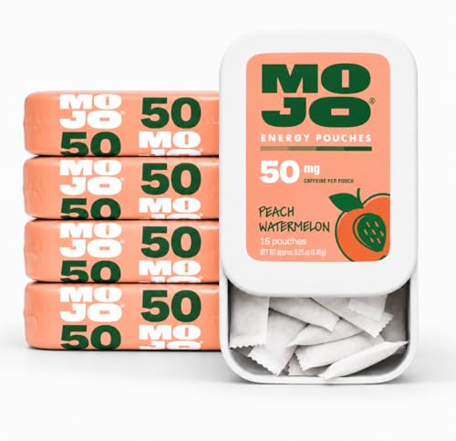 Image of MOJO Caffeine Pouches with Naturally Derived Caffeine from Green Tea, Ginseng, Yerba Mate, L-Theanine & B-Vitamins | Nicotine-Free | Zero Sugar | 50mg Caffeine | Peach Watermelon
