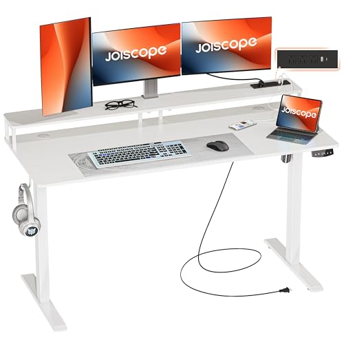 JOISCOPE 55 x 24 inch Adjustable Electric Standing Desk (3AC, USB, Type-C) with Monitor Shelf, 2 Memory Heights, Gaming Study Drafting 25 mm/s Sit Stand Desk for Home Office Bedroom,White