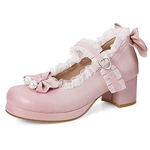 elerhythm Mary Jane - Zapatos de tacón grueso con plataforma para mujer, lindos vestidos de encaje con lazo kawaii, atados cruzados, puntera redonda, correa al tobillo, rosa 2, 37 EU