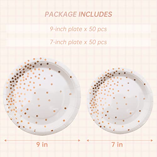 Wxldghq White And Rose Gold Party Supplies,Rose Golde Dot Paper Dessert Plates,100 Pack - 50 X 9 And 50 X 7 Disposable Party Paper Plates For Birthday #TOP1