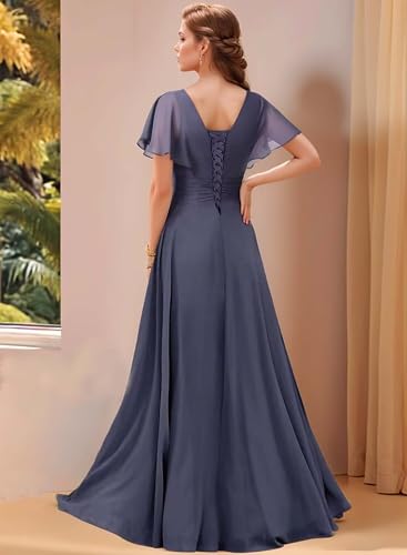 V Neck Chiffon Mother of The Bride Dress with Short Sleeve for Women Long Formal Party Dress3
