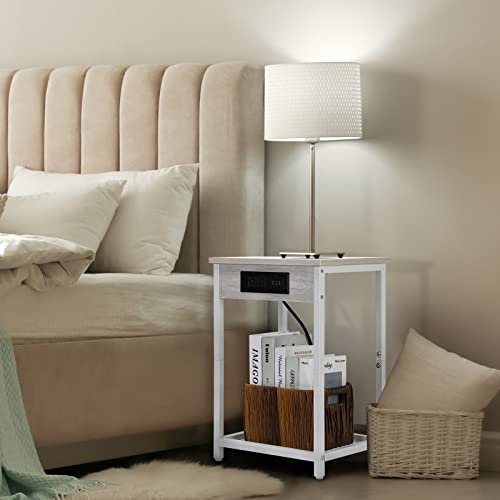 Nightstands Set Of 2, End Table With Charging Station & Usb Ports, 2 Tier Narrow Side Tables Bedroom With Storage Shelf, Bedside Tables For Bedroom, Living Room,(Light Maple White) #TOP1