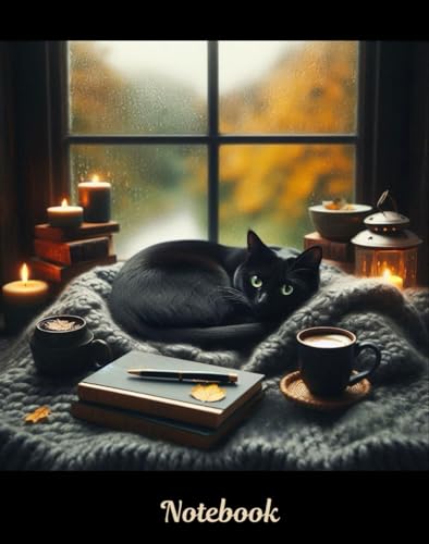 Notebook: Black cat green eyes Fall Window Scene for collecting ideas, gratitude, journaling. |140 pages 8.25" H x 6.50" W. Back cover black with ... has black paw print icon bottom right corner.