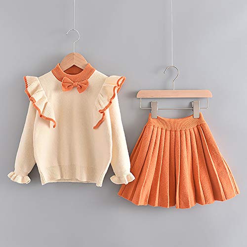 Toddler Kids Baby Girls Knit Sweater Dress Ruffle Long Sleeve Bowtie Sweater T-Shirt Top + Tutu Skirt Princess Casual Birthday Party Dresses Fall Winter Outfit Clothes 2Pcs Set Orange 5-6 Years #TOP3