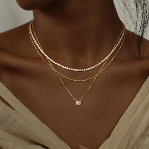 Chesky Layered 14K Gold/Silver Plated Diamond CZ Choker Necklace for Women