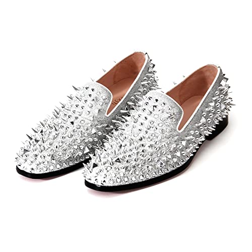 Jingyibest Men's Glitter Loafers Spikes Slippers,Formal Porm Dress Shoes Slip-On Flats Long Rivet Party Wedding Shoes（10.5 ，Silver）, Silver-2 #TOP4