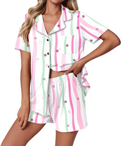 Image of Ekouaer Pajamas Set for Women 2 Piece Pjs Short Sleeve Sleepwear Button Down Lounge Shorts Sets S-XXL