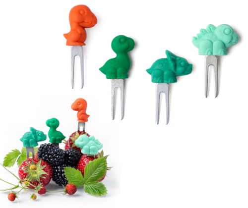 Lekkabox Fingerfood Partyspieße (Dinosaurier 4er Set) - Obstgabeln, wiederverwendbare Obstspieße | Edelstahl Piekser mit Silikon Deko, Food Picks