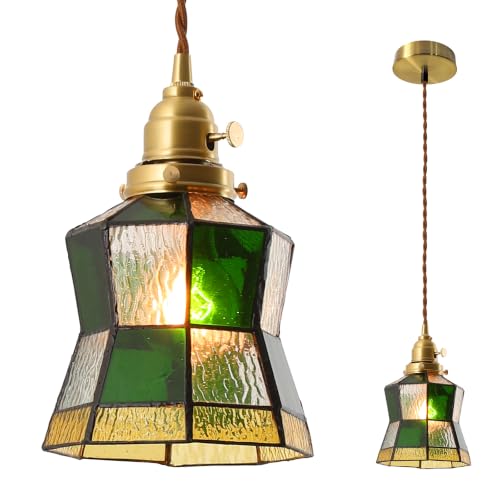 Hanaecry Glass Pendant Light, Stained Glass, Green & Clear, Brass, E26