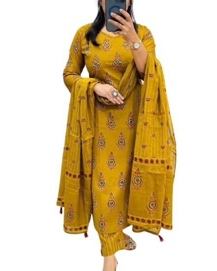Women's Mustard Yellow Embroidered Cotton Palazzo Suit Set with Dupatta, Traditional Ethnic Wear