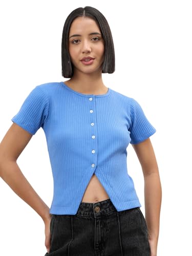 Sassafras Women's Blue Round Neck Button Down Top-S Deal