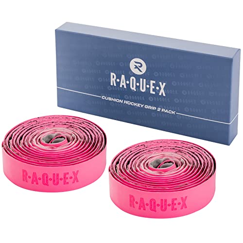 Image of Raquex Cushion PU Hockey Stick Grip 2 Pack: Super Grippy, Soft & Absorbent Hockey Stick Tape - Self-adhesive Backing - Extra long length - With Recyclable Cardboard Gift Box (2 x Pink)