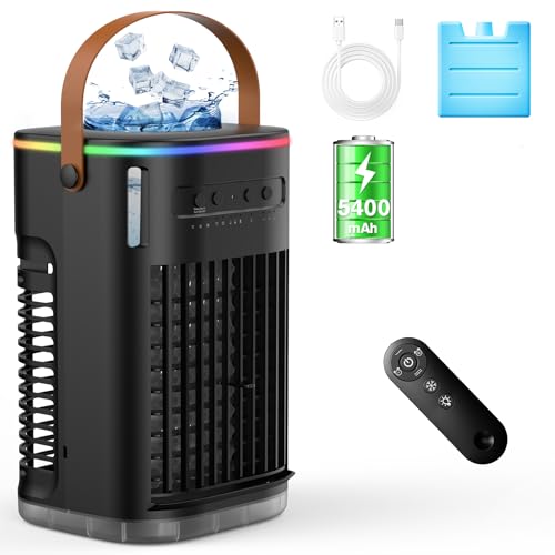 AIRTHRYL Upgraded 5 IN 1 Small Portable Air Conditioner with 2 Ice Packs, Built-Battery, 2 Spray Ports, 1200ml Water Tank, 120°Oscillating, 3 Speeds, Quiet Portable AC Units, 7H Timer, Cooling Fan