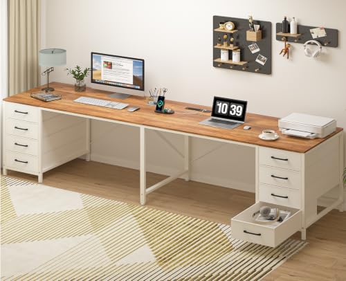 TVU 95 2 Person Desk with 8 Fabric Drawers Long Computer Desk Home Office Desk with Storage Two Person Double Desks with Power Outlets Brown and White
