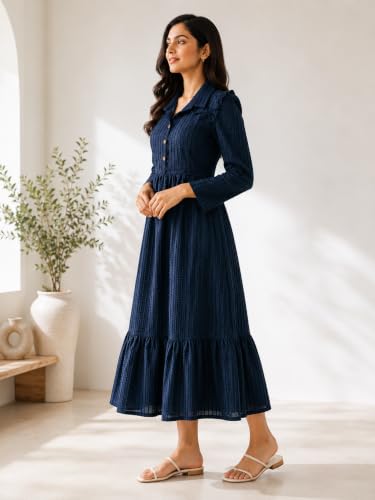 Image of Ayli Women's Textured Long Frock | Full Sleeve Maxi Frock | Tiered A-Line Dress for Casual, Office