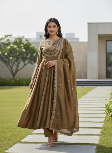 Image of Yashika Women's Silk Blend Embroidered Anarkali Kurta Set with Dupatta | Full Length Ethnic Wear for Women | Wedding