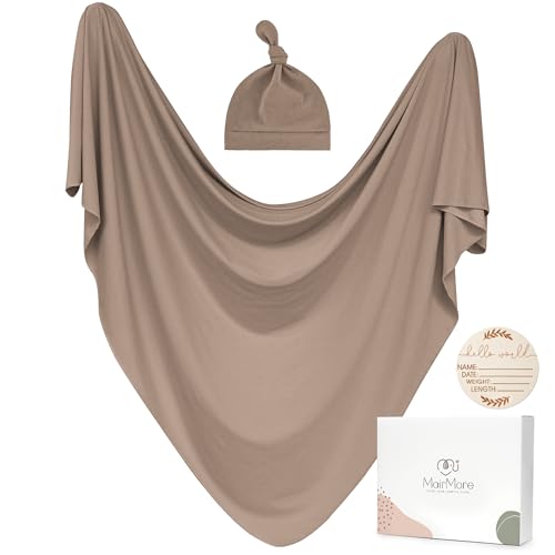 Image of MairMore Baby Swaddle Receiving Blankets with Matching Beanie Set Newborn Nursery Swaddle Wrap for Baby Girls and Boys (Brown)