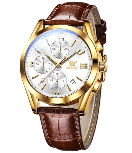 Image of OLEVS Watches for Men Original Analog Quartz Stylish Brown Leather Luxury Business Chronograph Waterproof Date Mens Wrist Watch