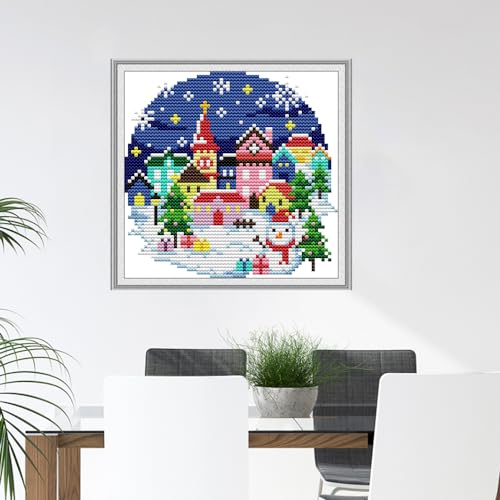Image of CROSSDECOR Cross Stitch Kits for Adults,Stamped Cross Stitch Kits,DIY Needlepoint Kits for Beginners Counted Embroidery Craft Supplies for Home Decor,Winter Village 6.5x6.4in