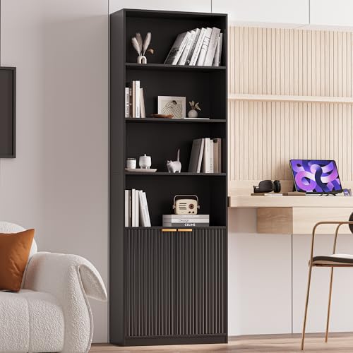 INNOD 72" Tall Book Shelve Bookcases with Doors, Floor Standing 6 Shelf Display Shelves, Freestanding Shelving Unit with Closed Doors for Storage, Home Decor Furniture for Living Room Home Office