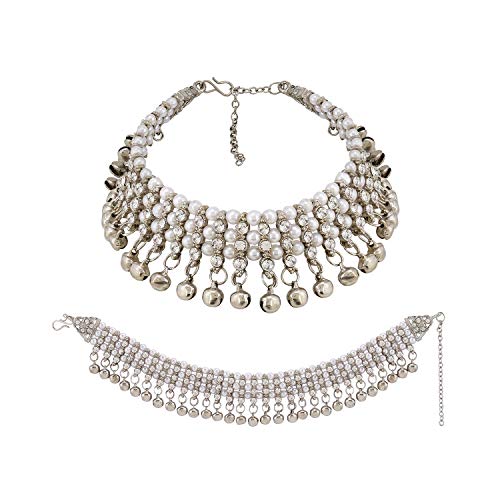 Efulgenz Indian Bollywood Gold Plated Faux Kundan Pearl Wedding Bridal Anklet Pair with Bells (2 piece) Bracelet Payal Foot Jewelry (Silver 2)