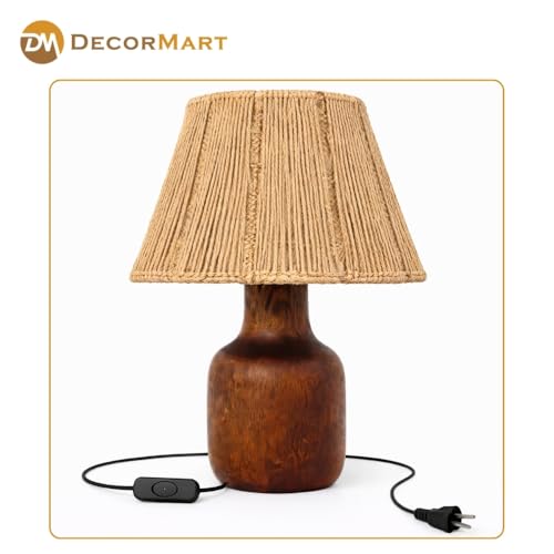 Image of The Decor Mart Jute Shade Table Lamp with Wooden Base|Sleek Decor Decorative Beside Light for Desk,Bedroom, Living Room, Home Office and Hotel(20x20x30 cm) (Brown)