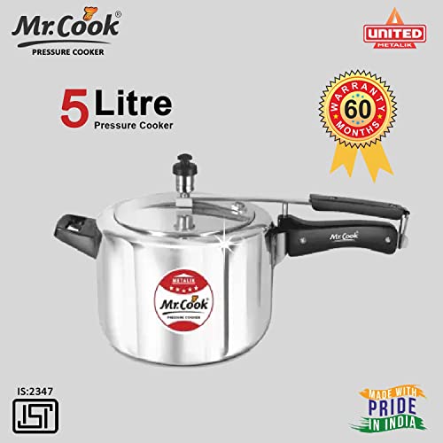 Image of MR COOK By United Metalik Eco Tech Induction Base Aluminium Pressure Cooker with Inner Lid, 5 Litre (Silver)