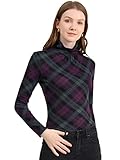 Allegra K Women's Christmas Costumes Turtleneck Long Sleeve Slim Plaid Shirt Blouse Purple XS