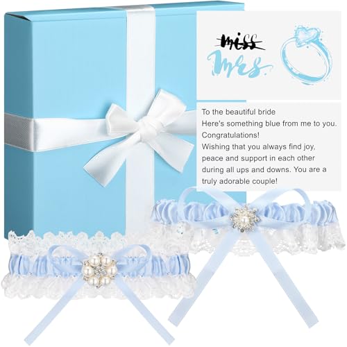 Knitgrip 2 Pcs Blue Wedding Garters for Bride Something Blue Gift Lace Garter Belt Set for Bride Women