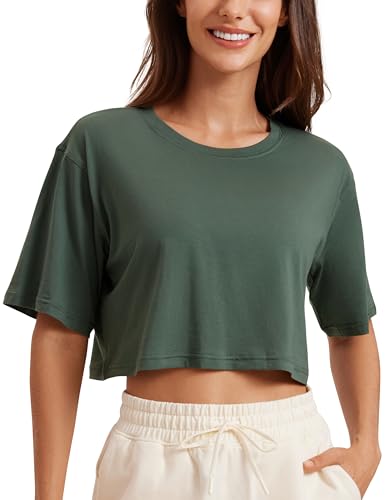 Image of CRZ YOGA Pima Cotton High Neck Crop T-Shirt | Workout, Naturally Soft, Loose Fit, Short Sleeve Tops for Women