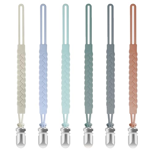 Image of TenderBabe Silicone Pacifier Clip for Baby Boys and Girls, Pack of 6 Soft Flexible Paci Binky Clips with One-Piece Braided-Style Design,BPA-Free Newborn Essentials