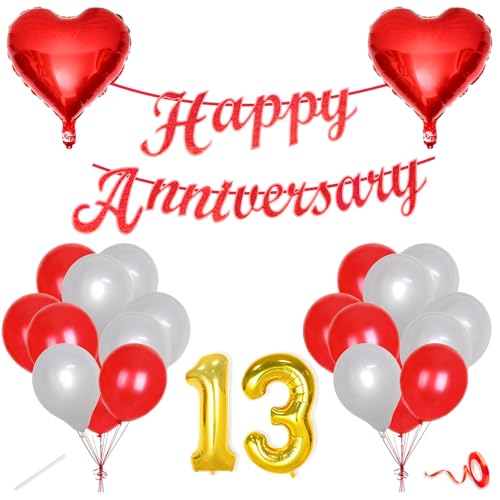 Image of Flyloons 13th Happy Anniversary Decoration Items Red White for Men Women Husband Wife Mom Dad Parent Couple Home Bedroom Car With 20 Pcs Metallic Balloons Anniversary Banner 2 Pcs Heart Set Kit