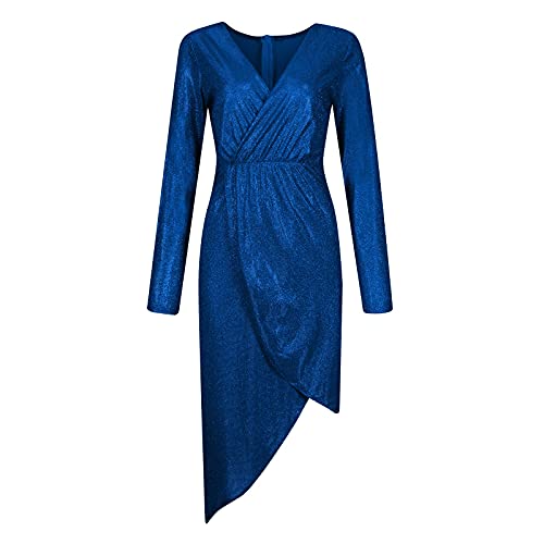 Plus Size Sexy Sequin Dress for Women Deep V-Neck Long Sleeve Gowns and Evening Dress Solid Bodycon Slim Fit Wrap Classic Vintage Elegant Party Club Hot Stamping Mini Tunic Dress(Blue,Medium)