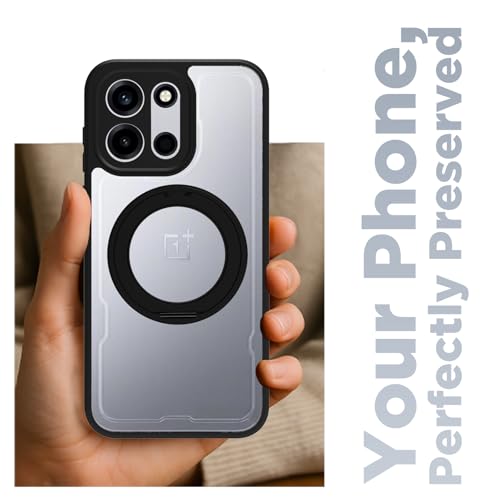 Image of RIGGEAR Shockproof Sleek Hybrid Armor 360 Rotating Magnetic Ring Stand Back Cover Case Compatible with MagSafe Accessories for OnePlus Nord 6 5G / Nord CE 6 5G (Clear PC + Black TPU Bumper)