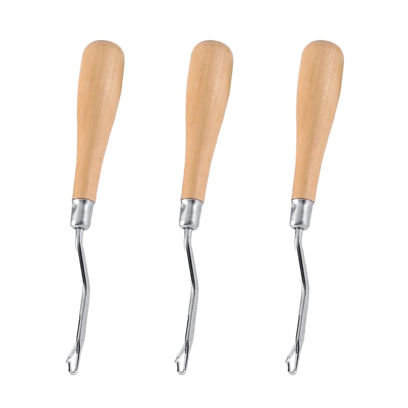 SEIWEI 3PCS Wooden Bent Latch Hook Tool Knitting Tool Needle Hook with Wood Handle for Crafts Carpet