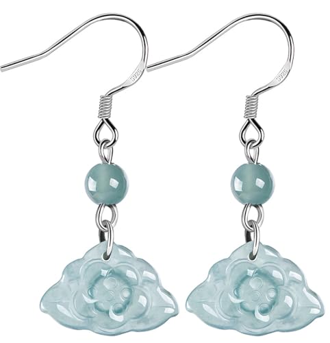 Boucles d'oreilles pendantes en jadéite naturelle A femme : bijou vintage fait main Lotus bleu