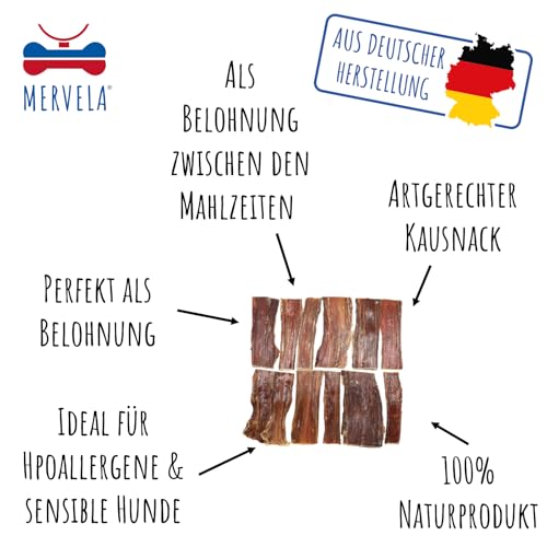 MERVELA® Natürliches Pferde-Dörrfleisch für Hunde | Hypoallergen | 100% Pferd | schonend luftgetrocknet | getreidefrei | Premium-Kausnack aus Deutschland | 500 g