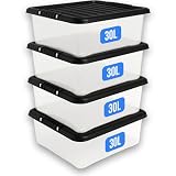 KAPCO 4 x 30L Under Bed Storage Box with Black Lid | Medium, Stackable, Multipurpose Clear Plastic Storage Boxes for Home & Office | Ideal Underbed Storage Tubs | 48 x 38 x 19cm | 30 Litre