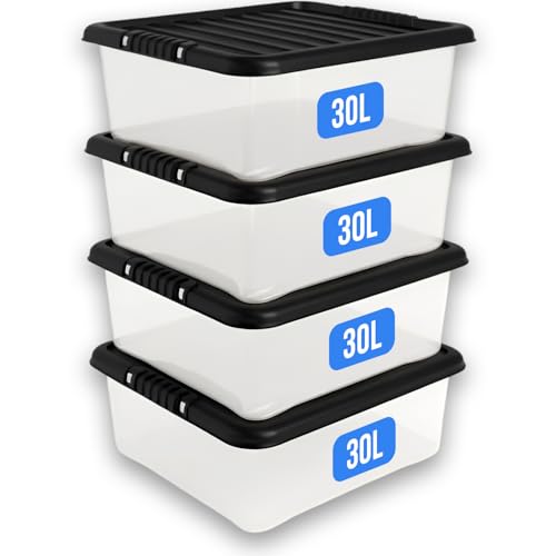 KAPCO 4 x 30L Under Bed Storage Box with Black Lid | Medium, Stackable, Multipurpose Clear Plastic Storage Boxes for Home & Office | Ideal Underbed Storage Tubs | 48 x 38 x 19cm | 30 Litre