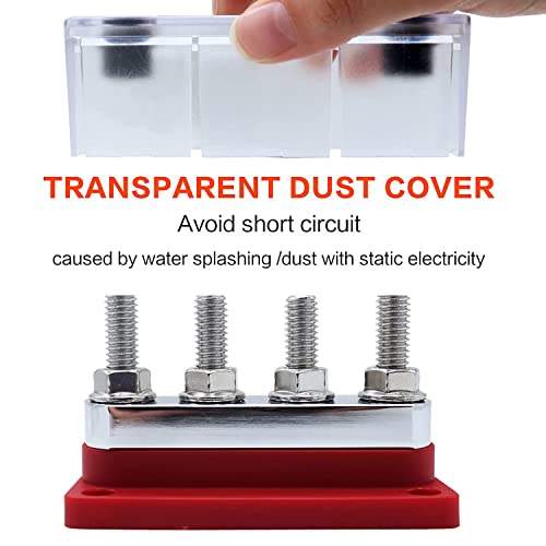 Guehroan 600A Sammelschiene 4-Bolzen (3/8) M10 Hochstrom-Kupfer-Sammelschienen-Anschlussblock Marine DC 12V 24V 48V mit Abdeckung (Rot)