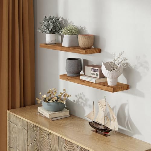 Image of Fun Memories 30 inch Wall Mounted Floating Shelves, Natural Elm Wood, 2 Pack