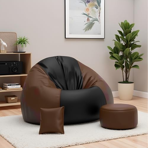 Image of 4XL Faux Leather Bean Bag Cover Set with Matching Footrest and Cushion - No Filling, Great for Home, Office, and Gaming Lounge, Brown & Black (Only Cover)