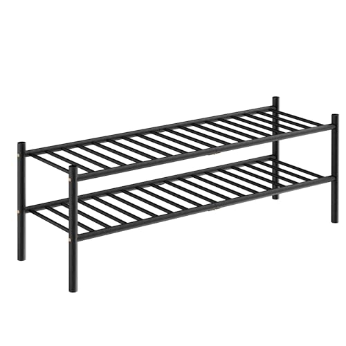 2-Tier Bamboo Long Shoe Rack, Free Standing Wood Shoe Shelf Storage Organizer for Closet Entryway Stackable 35"x11"x13" (Black)