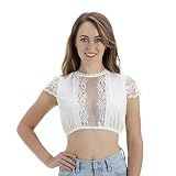 Kelliar Dirndlbluse Spitze Elegantes Trachtenbluse für Oktoberfest Rundhals Kurze Ärmel,Weiß,38