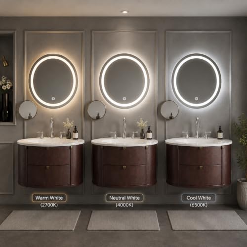 Image of Round LED Mirror for Bathroom Backlit with Smart Touch Sensor Wall Mounted Round One Line Border Mirror Light Vanity Mirror with Warm White Light for Living Room Bedroom Dressing Table
