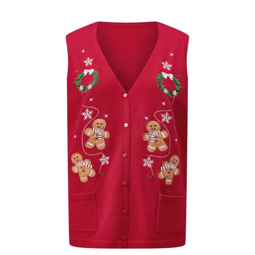 Image of KMBANGI Women Christmas Button Sweater Vest Embroidery Sleeveless Cardigan