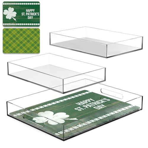 Qdetak 3PCS Clear Acrylic Tray Set with Handles, Decorative Serving Trays with Interchangeable Inserts, for Breakfast, Makeup Organizer, Coffee Table, Bar or Home Decor
