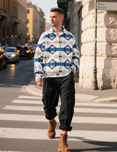 ZAFUL Men’s Retro Geometric Aztec Polar Fleece Sweatshirt – Quarter Zip Pullover with Fuzzy Contrast and Kangaroo Pocket3