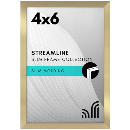 Americanflat 4x6 Picture Frame with Shatter-Resistant Glass - Streamline Collection - Thin Border Photo Frame for Tabletop and Wall Display - Hanging Hardware and Easel Stand Included - Gold